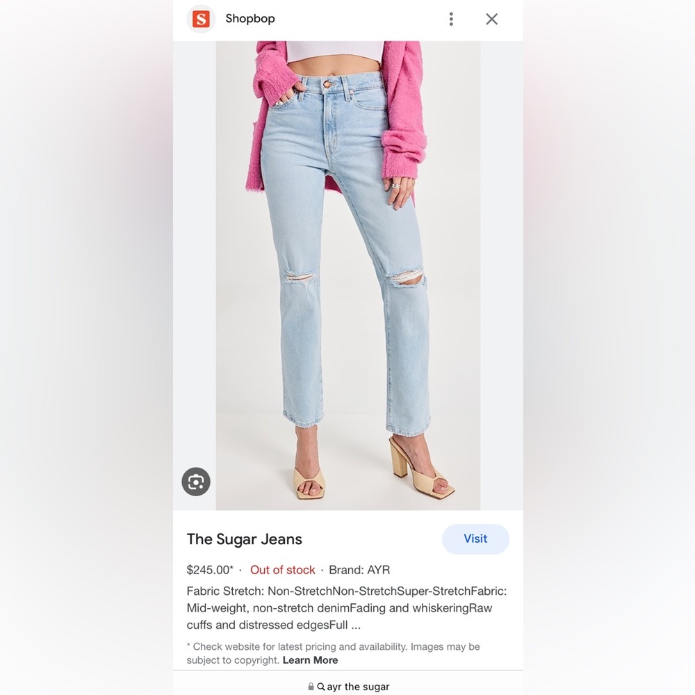 Brand new in bag AYR The Sugar jeans, size 30. Out of stock online.